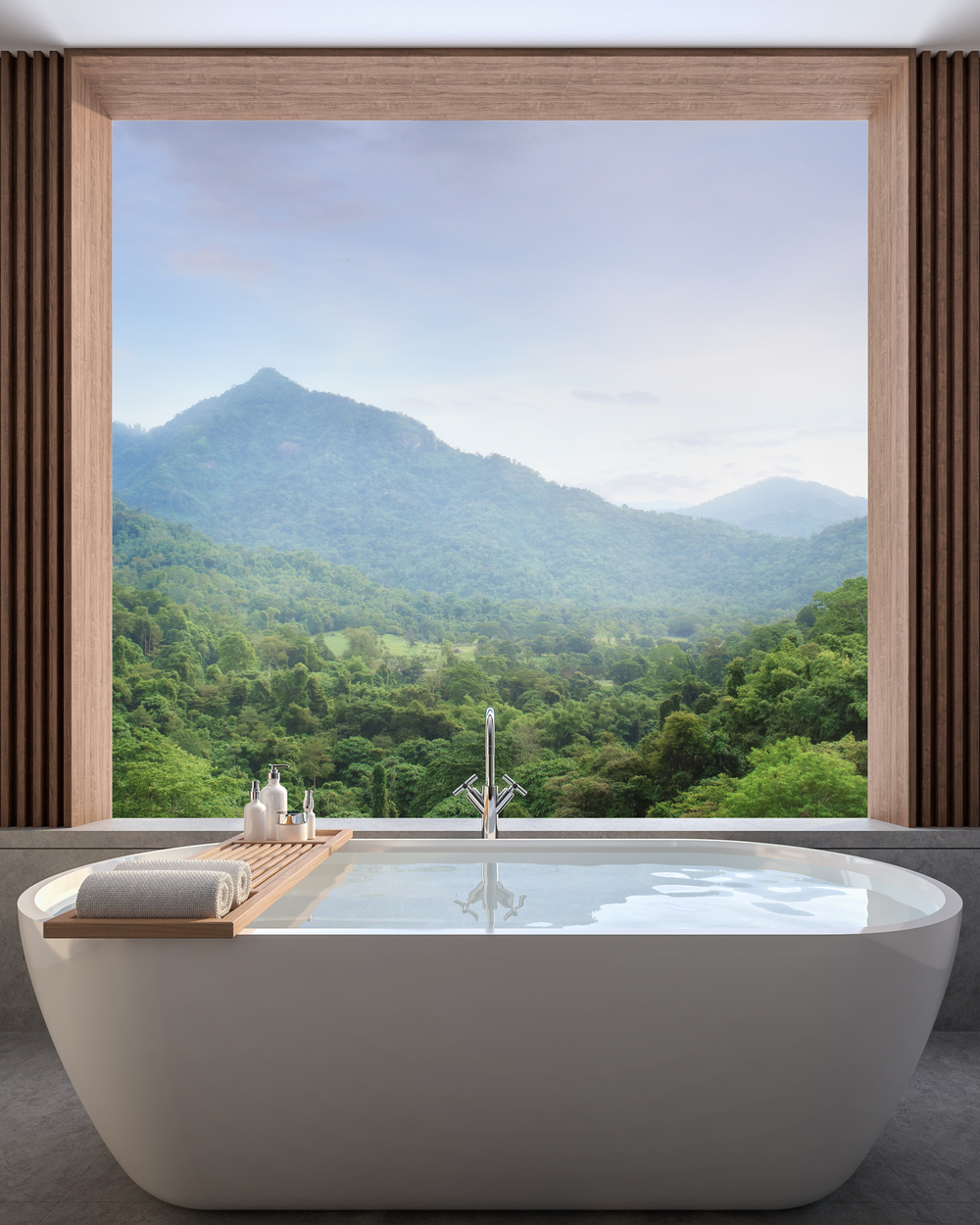 Modern contemporary bathroom with nature view 3d render,There are concrete tile floor decorate wall with wood lattice, There are large open window overlooking to see mountain view.